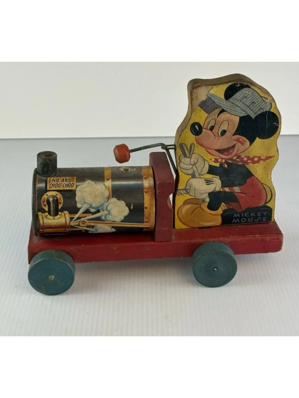 MICKEY MOUSE PULL TOY Train Engineer No. 485 Choo Choo Antique Fisher Price